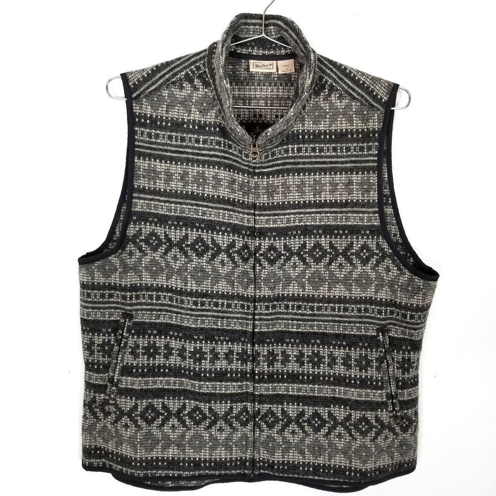 VTG Woolrich Sweater Vest Womens Sz L Gray Beige Wool Knit Aztec USA Zip Up